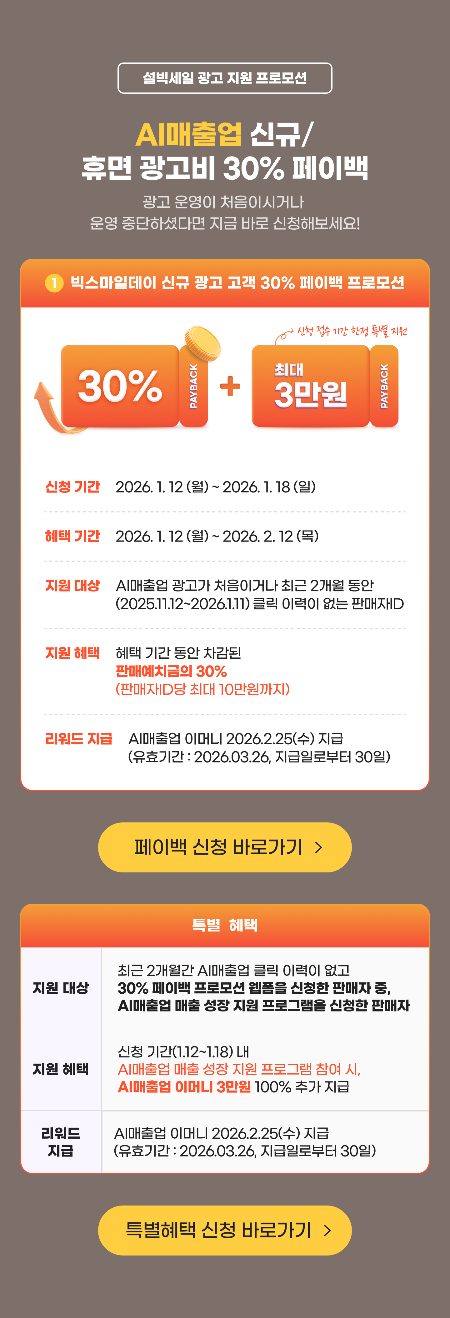 AI매출업 신규/휴면 광고비 30% 페이백! 광고 운영이 처음이시거나 운영 중단하셨다면 지금 바로 신청해보세요!